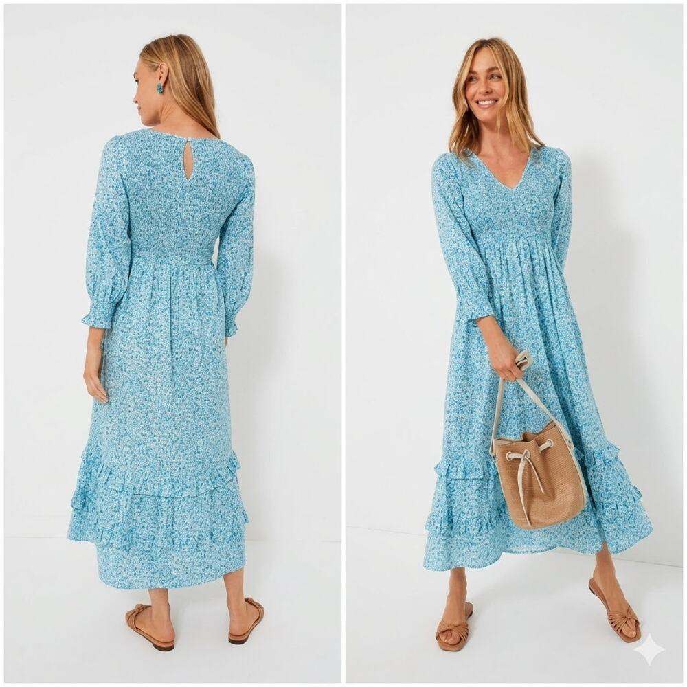 PINK CITY PRINTS Blue Floral Isabel Dress V-Neck Smocked Size M NWT Retail $225